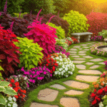 Jardim vibrante com diferentes variedades de Coleus Coração-Magoado em composição colorida com flores e fonte decorativa.