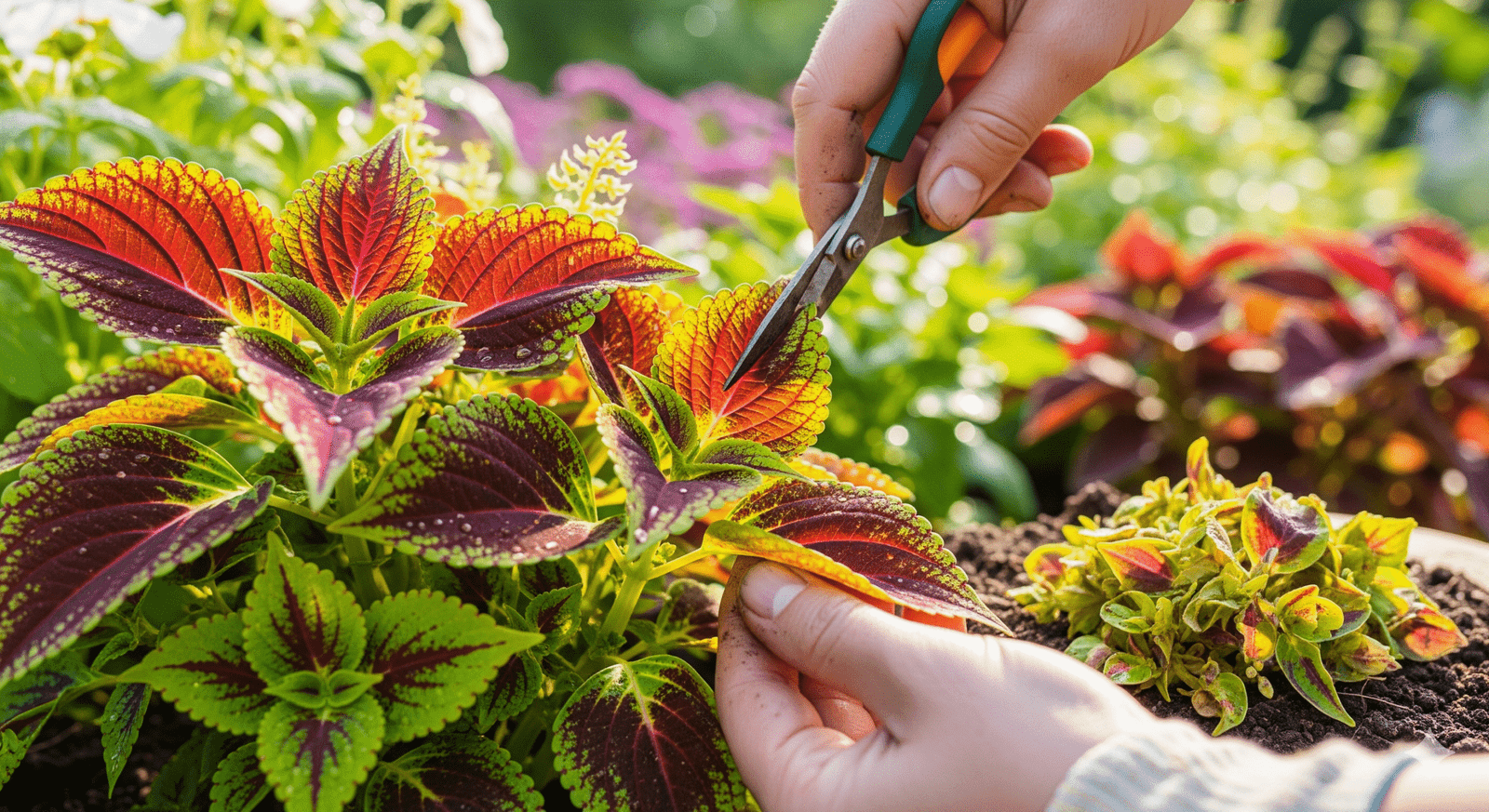 Jardinagem com poda de galho de Coleus.