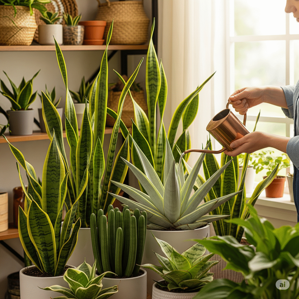 Pessoa regando diversas variedades de plantas Espada de São Jorge, incluindo tipos raros, dispostas em vasos de diferentes tamanhos dentro de um ambiente iluminado por luz natural.