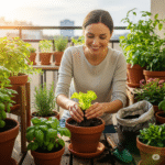 Mulher sorridente plantando alface em vaso na varanda ensolarada, cercada por outras plantas, representando como plantar alface em espaços pequenos.