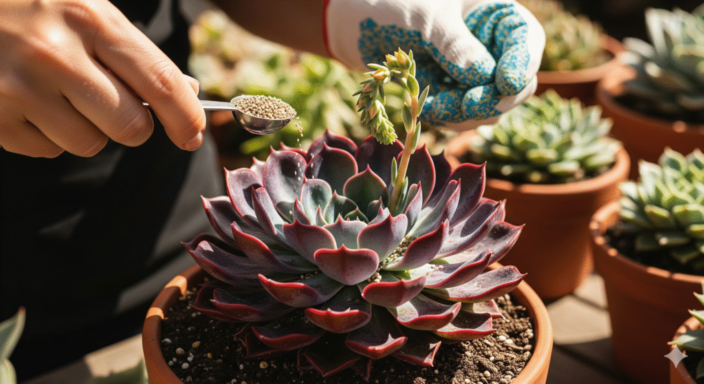 Mão adubando uma Echeveria com fertilizante granulado, estimulando a floração em vaso de barro.