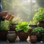 Pessoa regando pé de alface com regador de bico fino, plantas verdes ao redor, vasos de cerâmica, clima calmo de início da manhã.