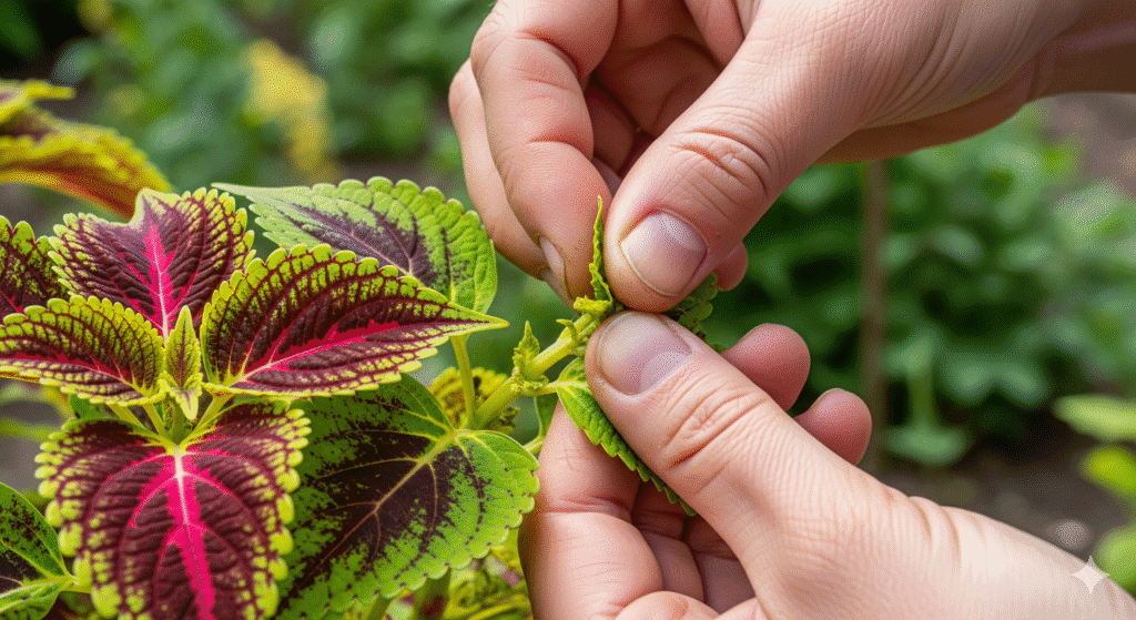 Mãos podando o Coleus Coração-Magoado para estimular novas brotações.