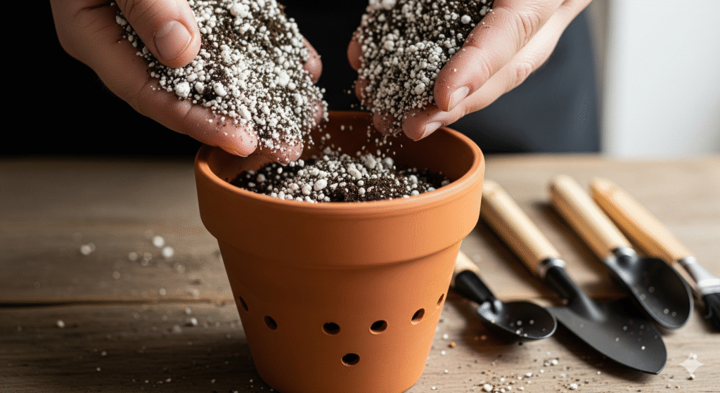 Mãos preenchendo vaso de barro com substrato leve e perlita, ideal para suculentas, com ferramentas de jardinagem ao lado.