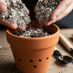 Mãos preenchendo vaso de barro com substrato leve e perlita, ideal para suculentas, com ferramentas de jardinagem ao lado.