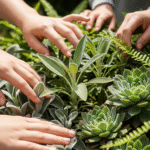Mãos tocando diferentes plantas em um jardim sensorial, explorando texturas de samambaia, sálvia e suculentas.