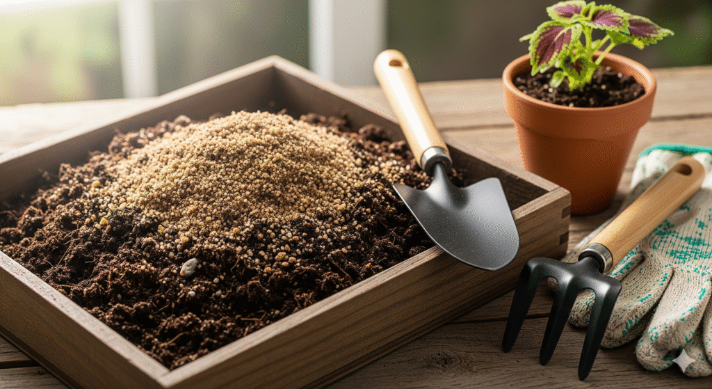 Mistura de solo para plantar Coleus.