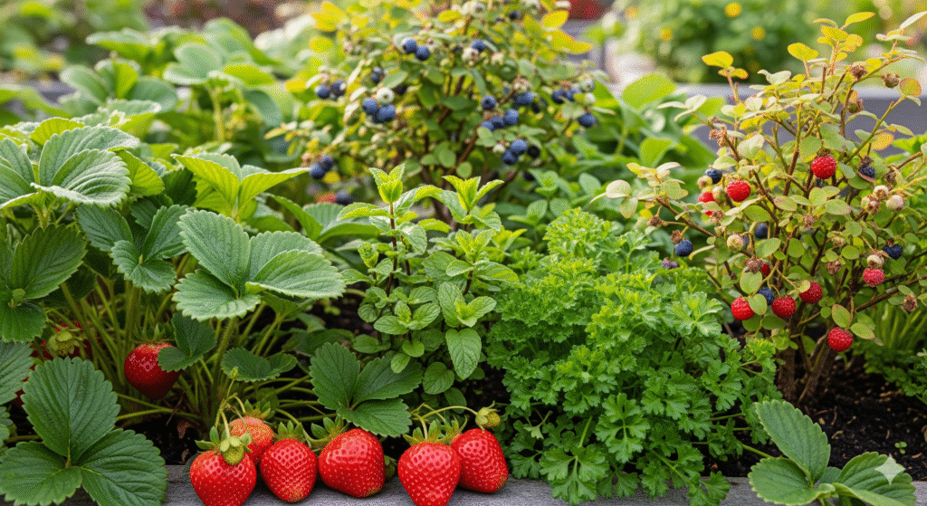 Morangos, hortelã, salsinha e amoras cultivados em um jardim sensorial, estimulando o paladar com cores e sabores naturais.