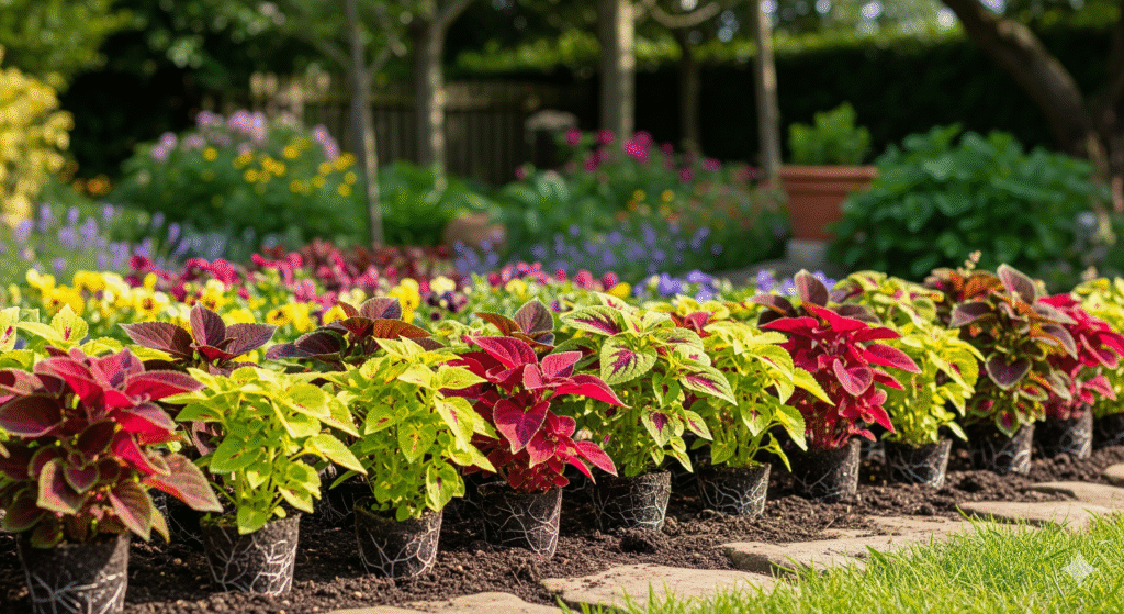 Mudas de Coleus espaçadas em canteiro.