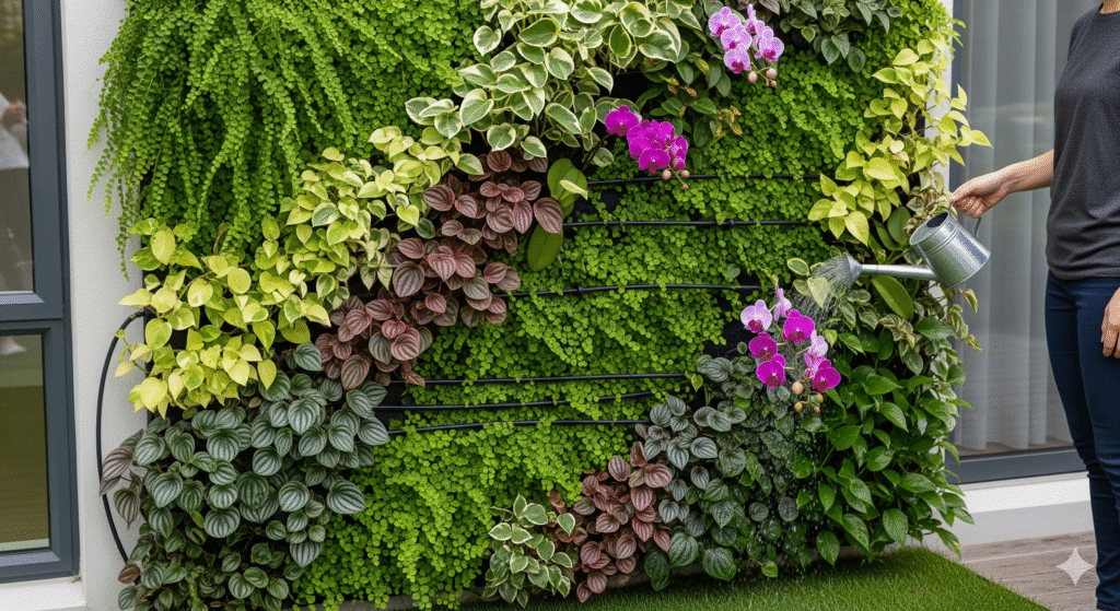 Mulher regando plantas para um jardim vertical com regador em painel verde, destacando orquídeas, jiboias e peperômias.