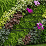 Mulher regando plantas para um jardim vertical com regador em painel verde, destacando orquídeas, jiboias e peperômias.