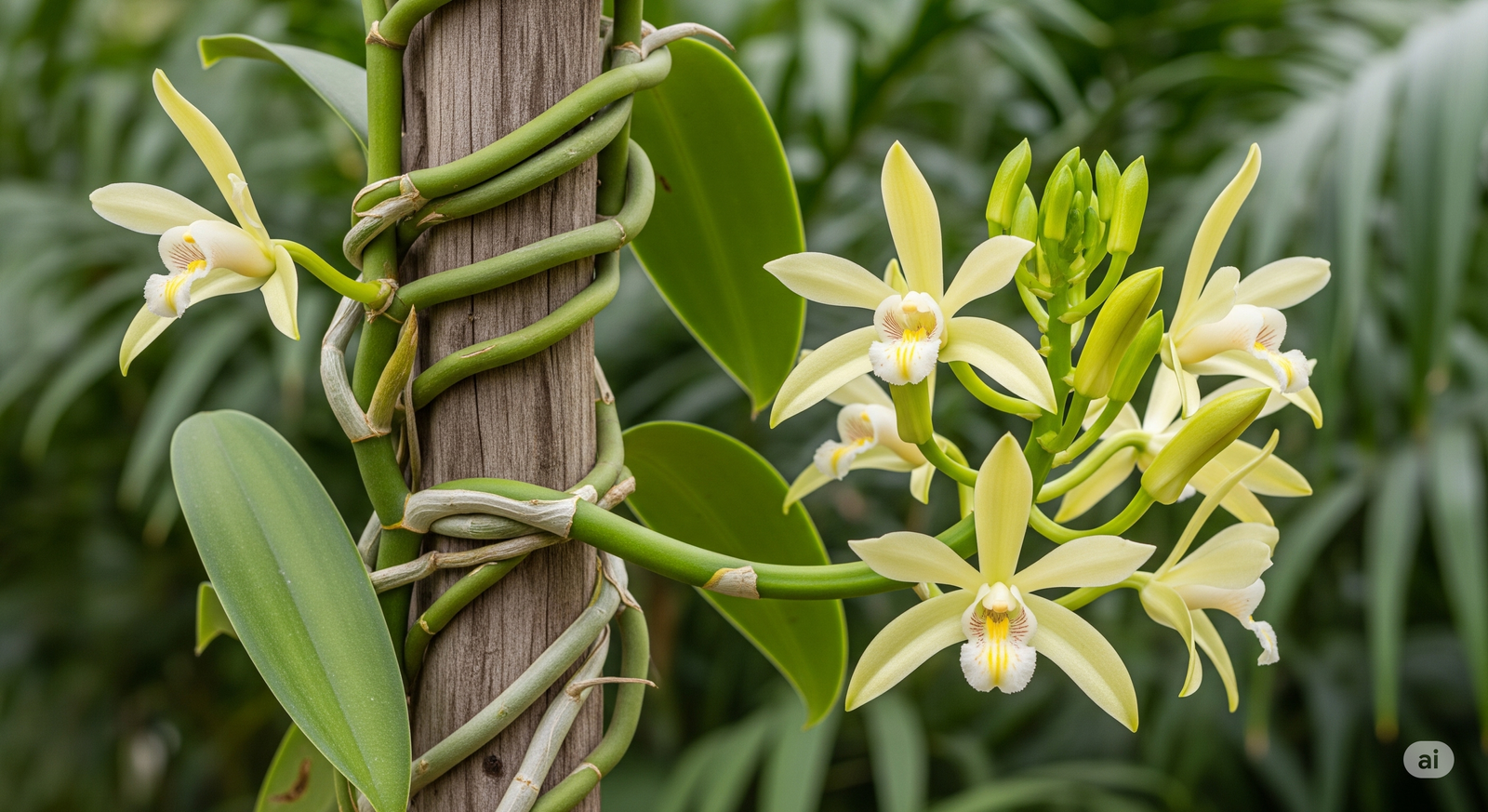 Orquídea de baunilha (Vanilla planifolia) com flores amarelo-claro e hastes trepadeiras enroladas em suporte de madeira, em ambiente natural