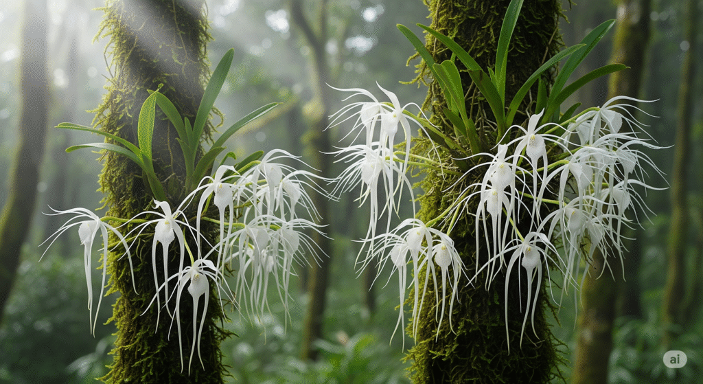 Orquídeas Fantasma (Dendrophylax lindenii) em plena floração, com várias flores brancas delicadas presas a troncos cobertos de musgo em uma floresta úmida.