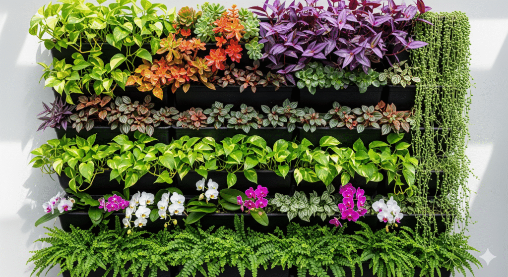 Painel com plantas para um jardim vertical, incluindo suculentas, jiboias, lambari-roxo, samambaias e orquídeas, organizado em camadas coloridas.