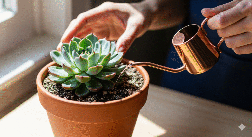 Pessoa regando uma Echeveria em vaso de barro, direcionando a água diretamente ao solo sem molhar as folhas.