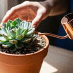 Pessoa regando uma Echeveria em vaso de barro, direcionando a água diretamente ao solo sem molhar as folhas.