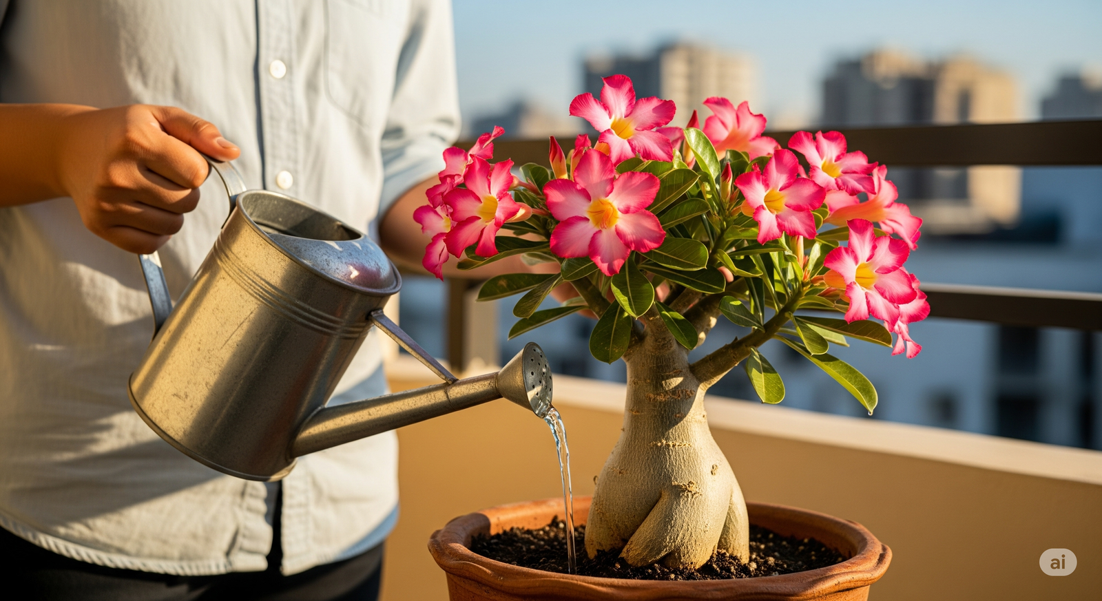 Pessoa regando uma Rosa do Deserto em vaso de barro, destacando flores rosas em plena floração, cultivada em varanda ensolarada.