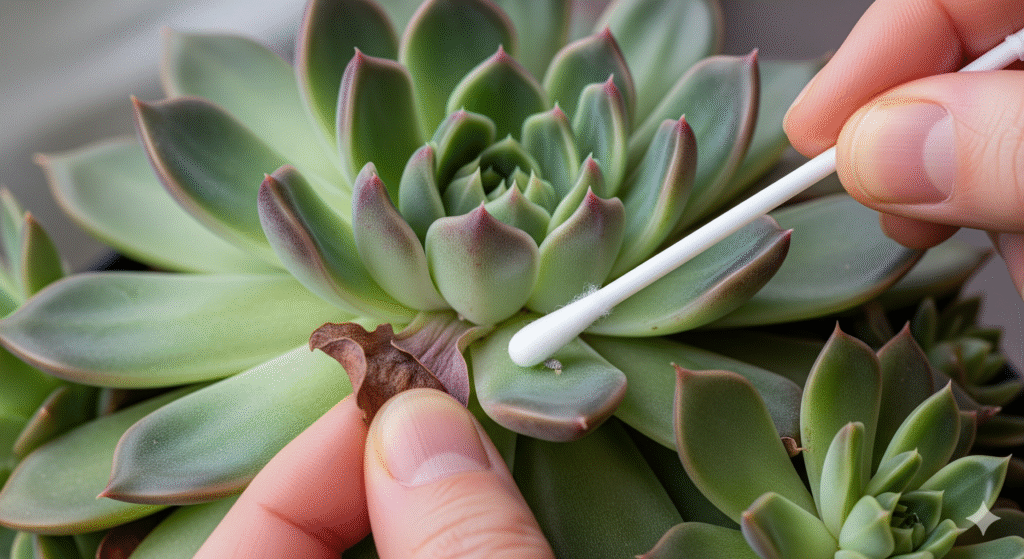 Pessoa removendo folha seca e limpando praga em Echeveria com cotonete embebido em solução, em close-up detalhado.