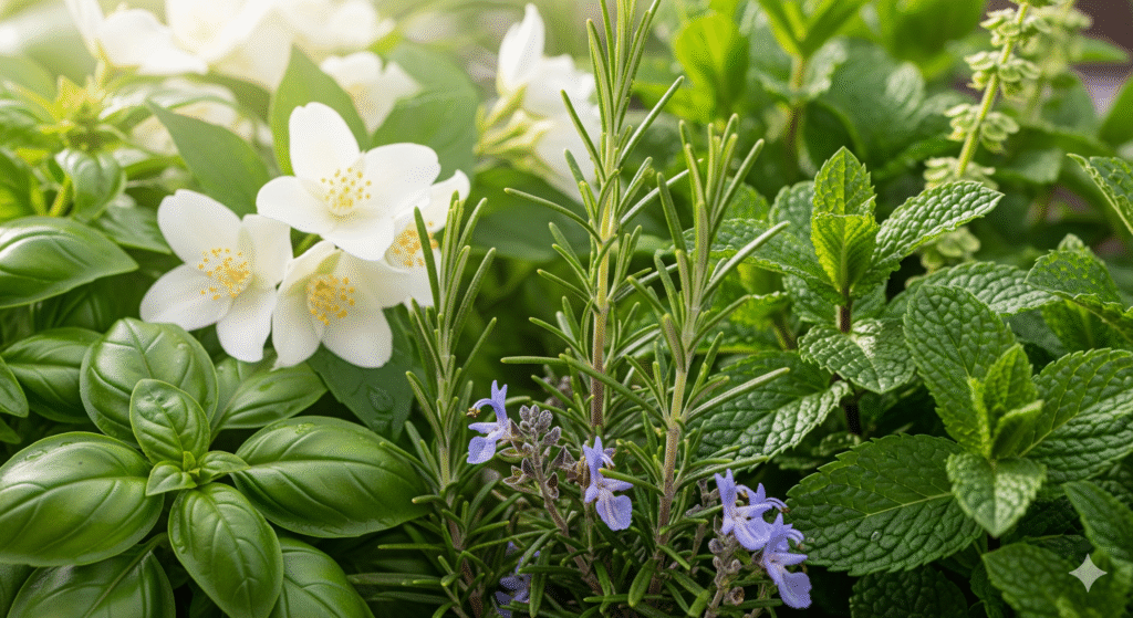 Plantas aromáticas como alecrim, hortelã, jasmim e manjericão em um jardim sensorial estimulando o olfato.