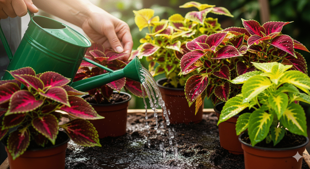 Regando vaso de Coleus com regador.
