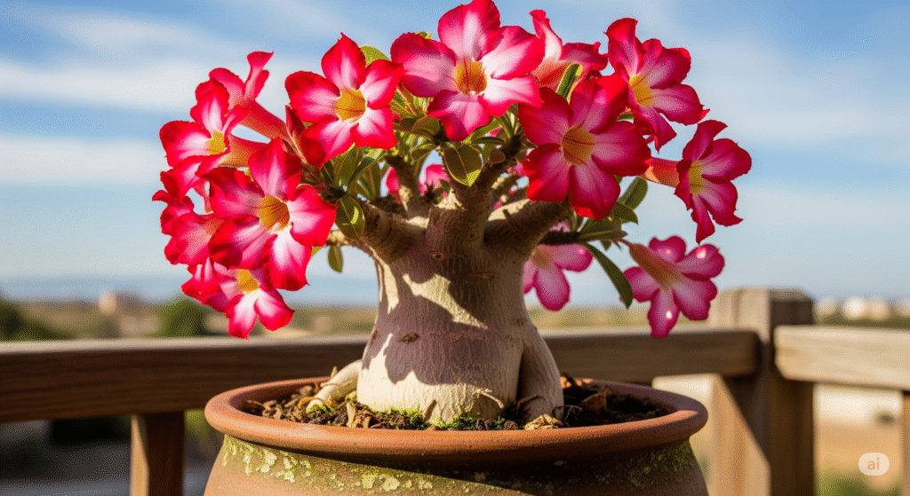 Rosa do Deserto em vaso de cerâmica, com flores rosa e brancas em destaque, posicionada em uma varanda com vista para o horizonte.