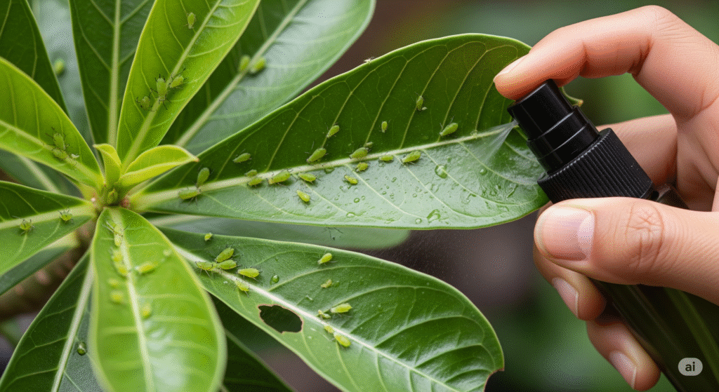 Folhas de Rosa do Deserto com infestação de pulgões verdes sendo tratadas com aplicação de inseticida natural em spray.