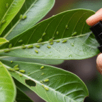 Folhas de Rosa do Deserto com infestação de pulgões verdes sendo tratadas com aplicação de inseticida natural em spray.