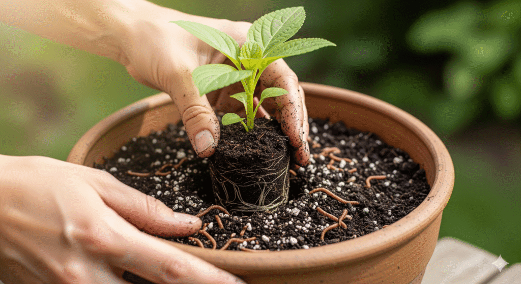 Transplante de muda jovem de Coleus barbatus para vaso de barro maior.