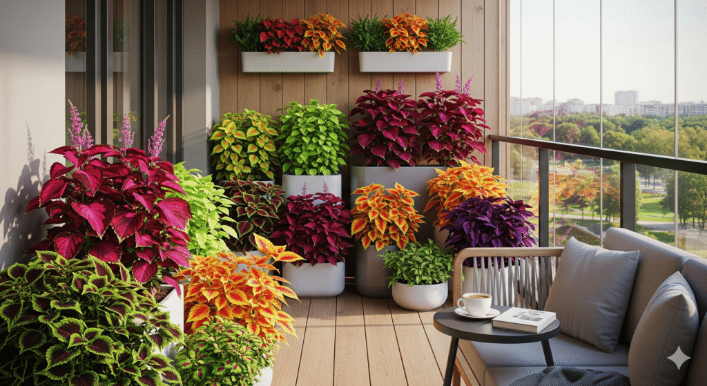 Varanda com vasos de Coleus coloridos.