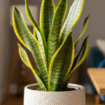 Vaso decorativo branco com relevo contendo uma Espada de São Jorge de folhas verdes com bordas amarelas, posicionado em um ambiente interno iluminado, com mesa de madeira e sofá azul ao fundo.