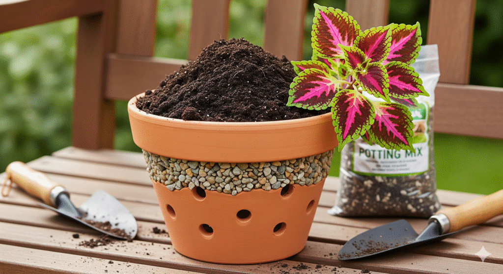 Vaso preparado para drenagem de Coleus.