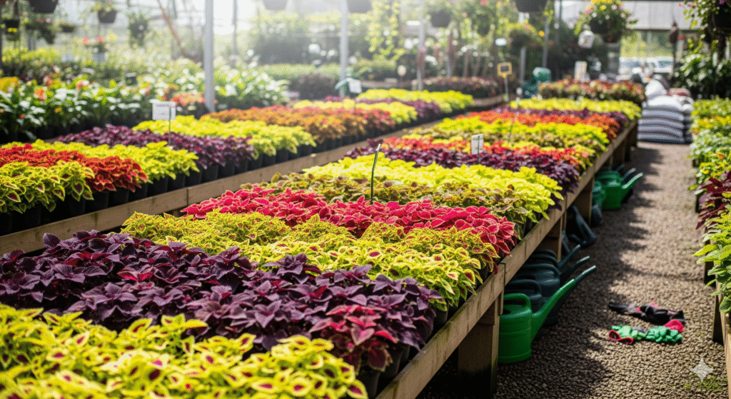 Viveiro com mudas de Coleus à venda.
