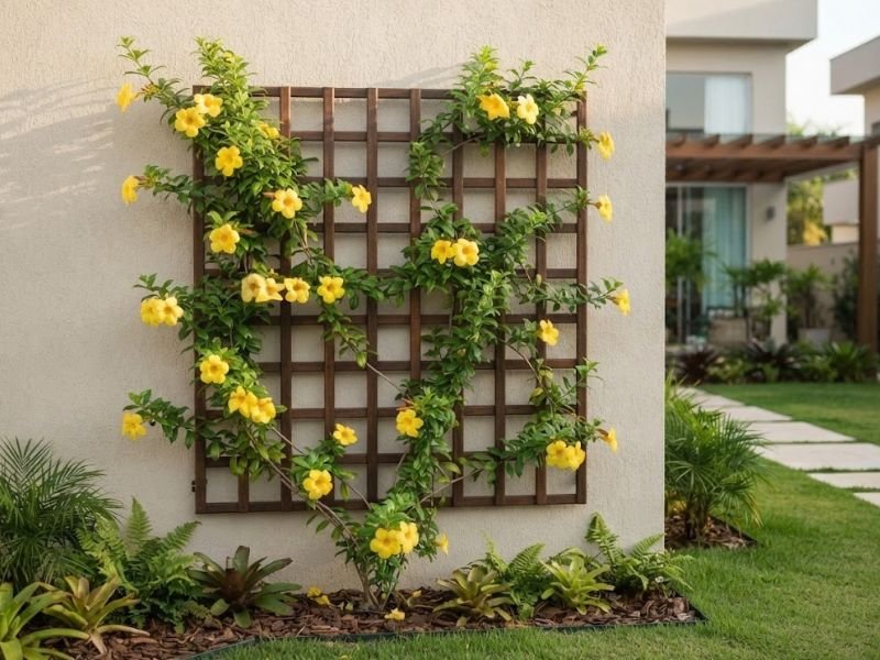 Alamanda amarela conduzida em treliça diante de muro claro