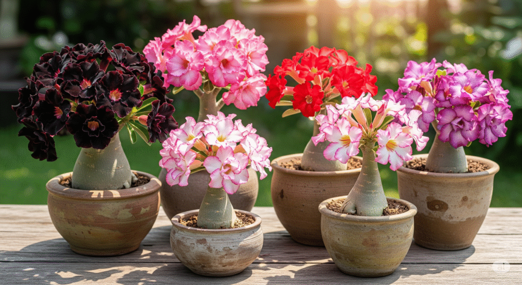 Coleção de rosas do deserto em vasos de cerâmica, exibindo flores em diversas cores, como preta, rosa, vermelha e lilás, sob luz natural.