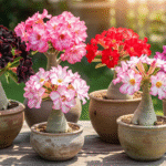 Coleção de rosas do deserto em vasos de cerâmica, exibindo flores em diversas cores, como preta, rosa, vermelha e lilás, sob luz natural.