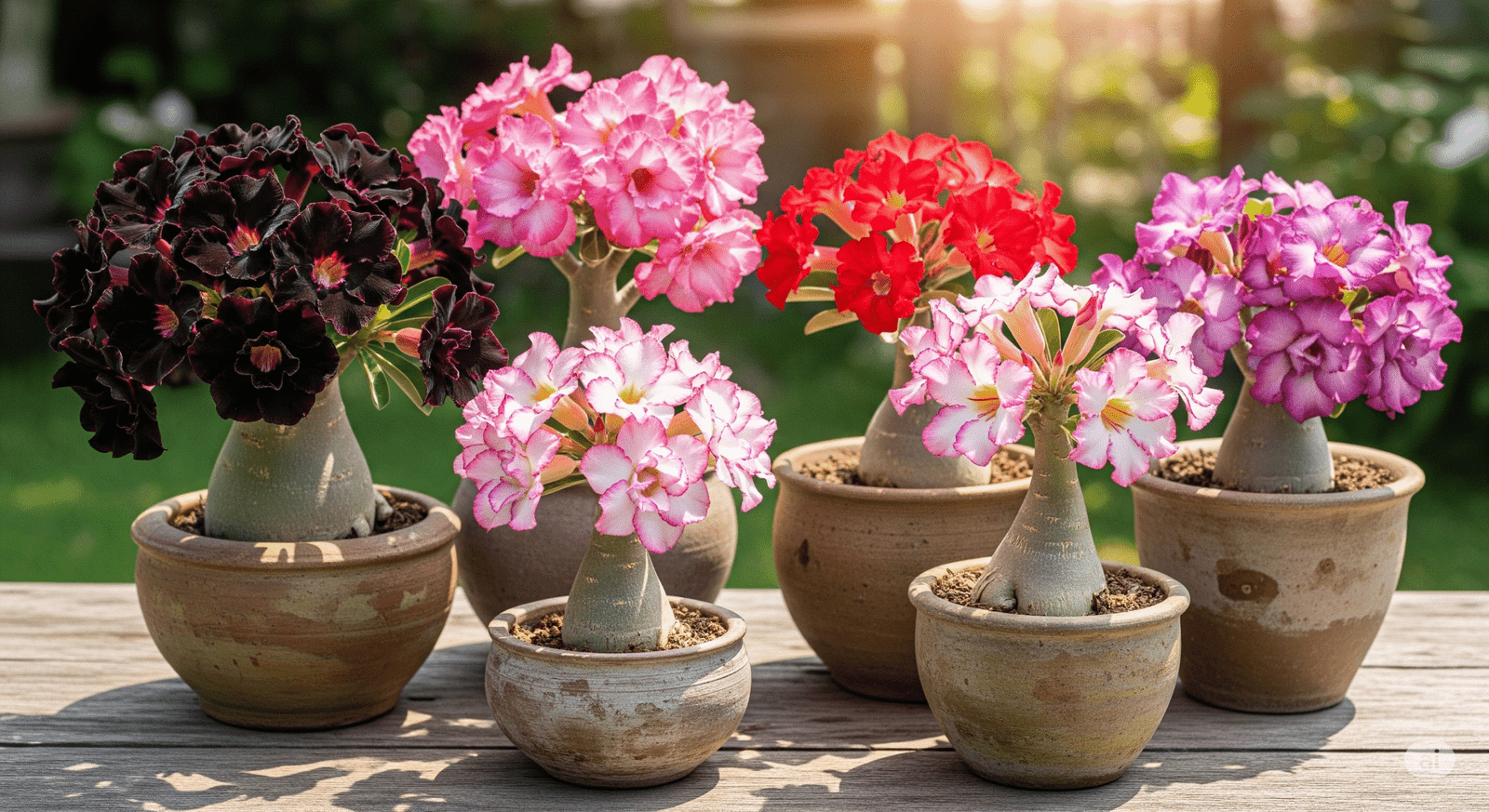 Coleção de rosas do deserto em vasos de cerâmica, exibindo flores em diversas cores, como preta, rosa, vermelha e lilás, sob luz natural.
