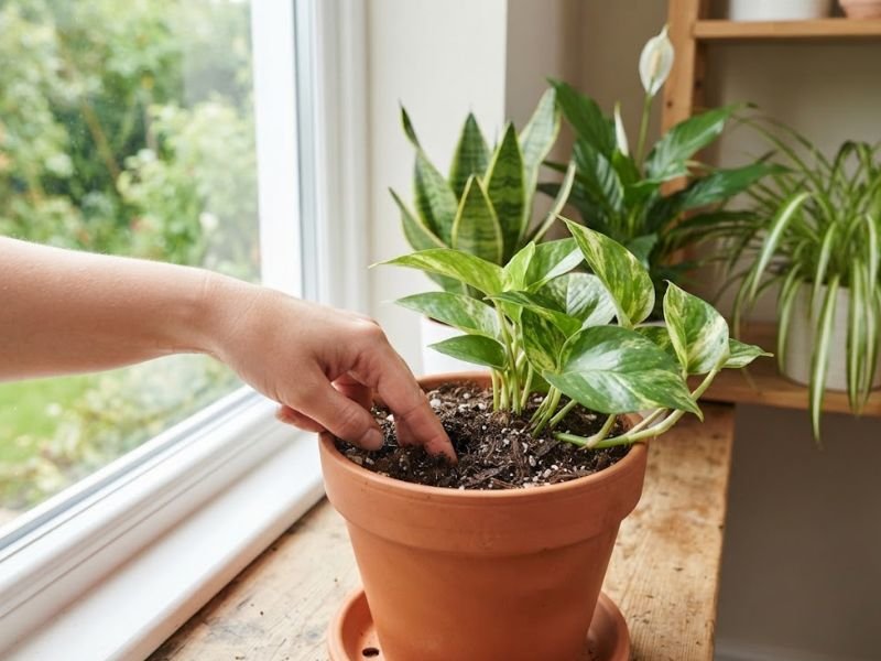 Mão verificando a umidade do substrato de uma planta de interior