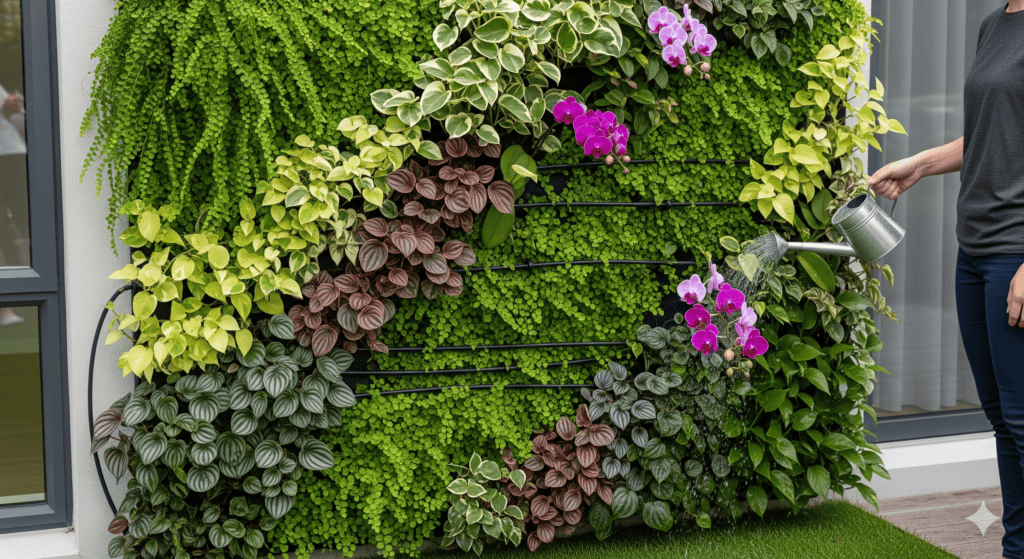 como escolher plantas para um jardim vertical em painel verde com folhagens variadas