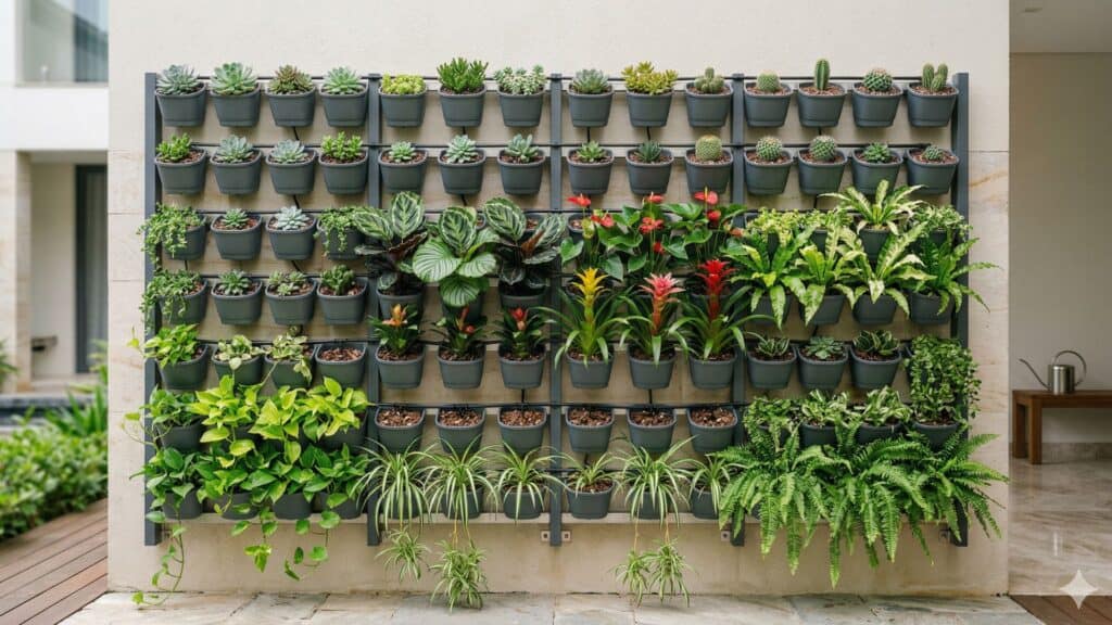 como montar plantas para um jardim vertical durável com painel modular, vasos leves e boa organização