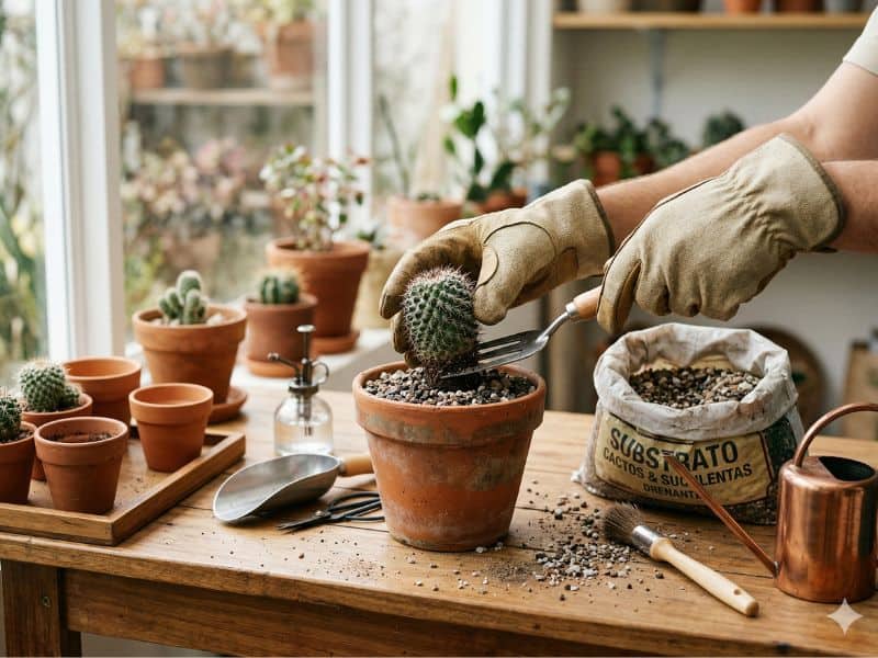 Como plantar replantar e fazer muda de cactos com luvas, substrato adequado e vaso de barro