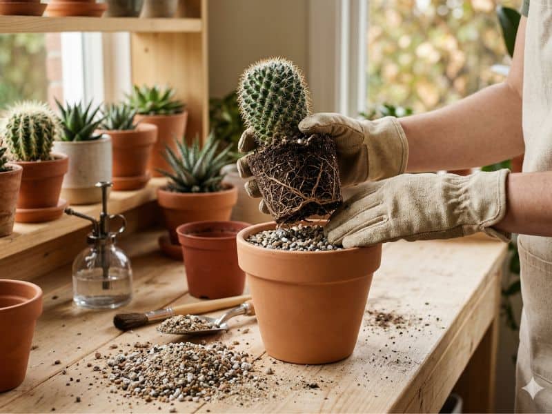 Como replantar cactos sem danificar raízes e espinhos com luvas e vaso adequado
