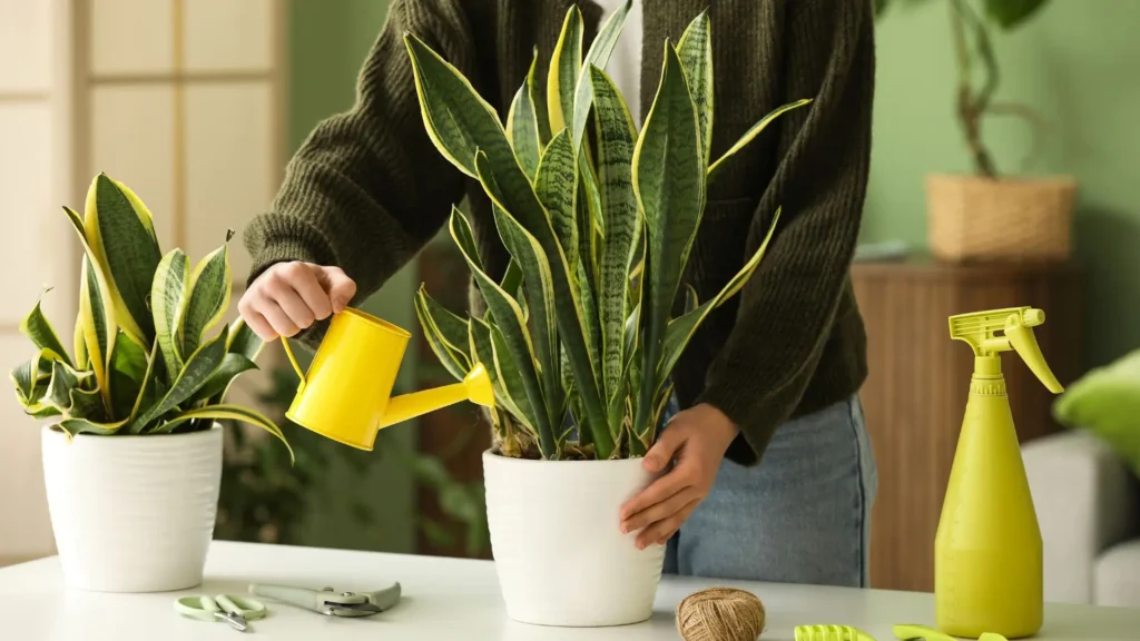 Pessoa regando vasos de Espada de São Jorge com regador amarelo, mostrando cuidados básicos da planta.