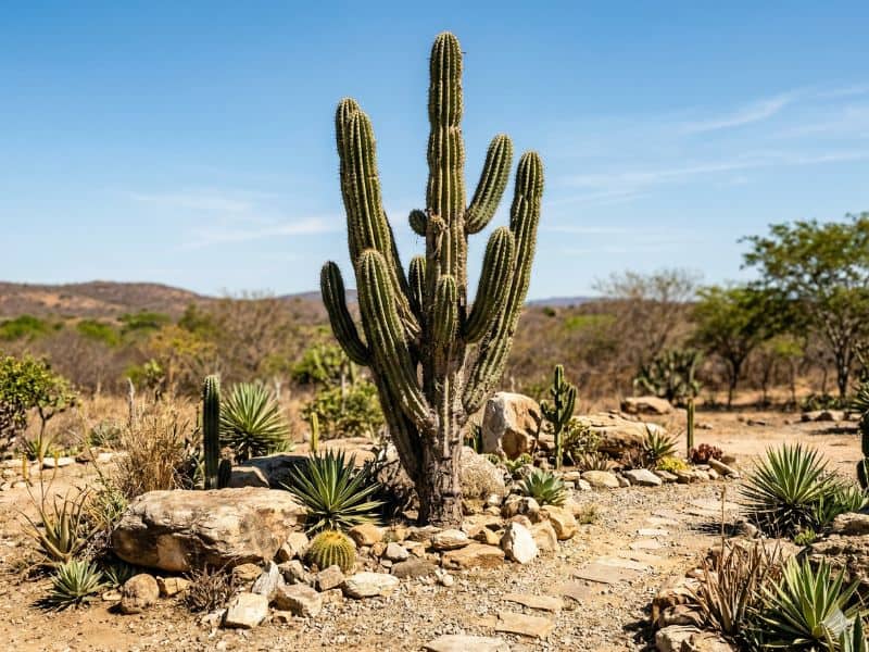 Cultivar cactos é aprender a cuidar com mais calma em jardim seco com cacto de grande porte