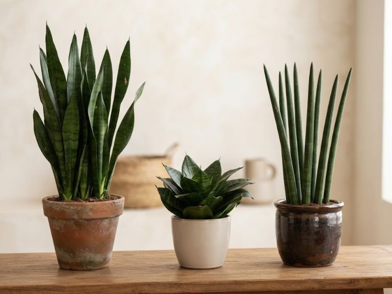 Espada-de-São-Jorge verde, espadinha e Lança-de-São-Jorge em vasos dentro de casa