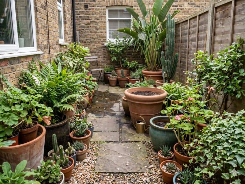 jardim para quintal pequeno com excesso de vasos e circulação apertada