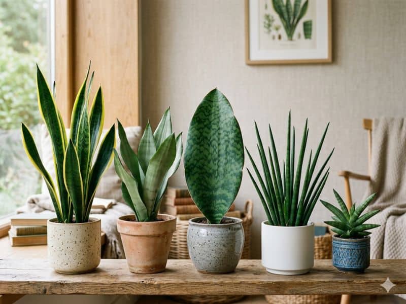 Diferentes tipos de Espada de São Jorge em vasos decorativos usados para mostrar erros comuns na escolha da variedade ideal para ambientes internos