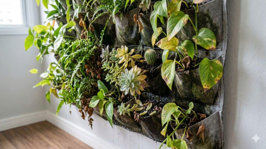 erros em plantas para um jardim vertical com excesso de umidade, folhas danificadas e espécies incompatíveis