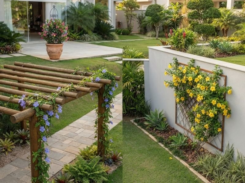 Tumbérgia em pergolado, alamanda no muro e dipladênia em vaso