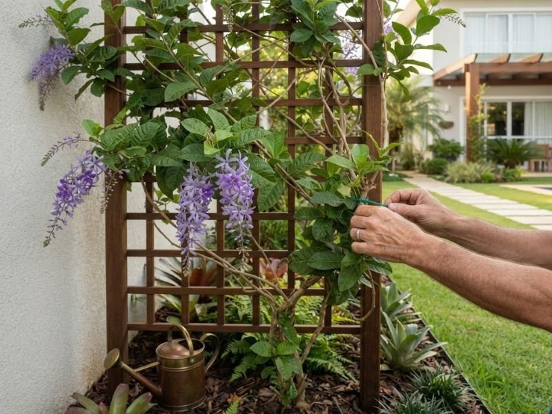 Flor de São Miguel saudável sendo conduzida em treliça no jardim