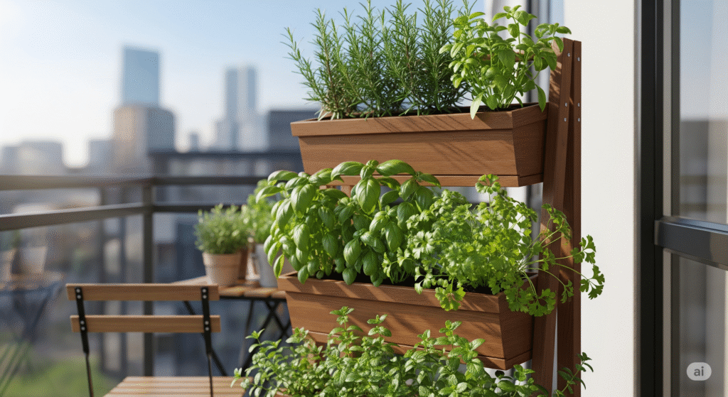 Horta vertical com vasos de madeira em uma varanda urbana, cultivando ervas frescas como manjericão, salsa, alecrim e hortelã.